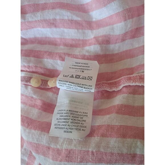 J Crew Womens LARGE TALL FIT 100% Linen Shirt Pink White Stripe Button LAGENLOOK - Picture 9 of 10